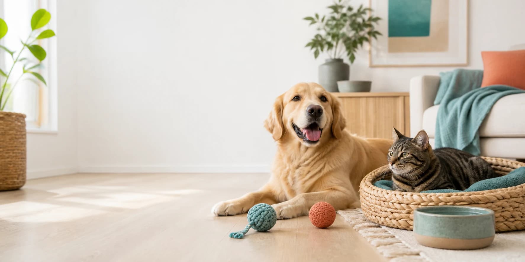 A golden retriever and tabby cat relaxing with pet toys in a bright home